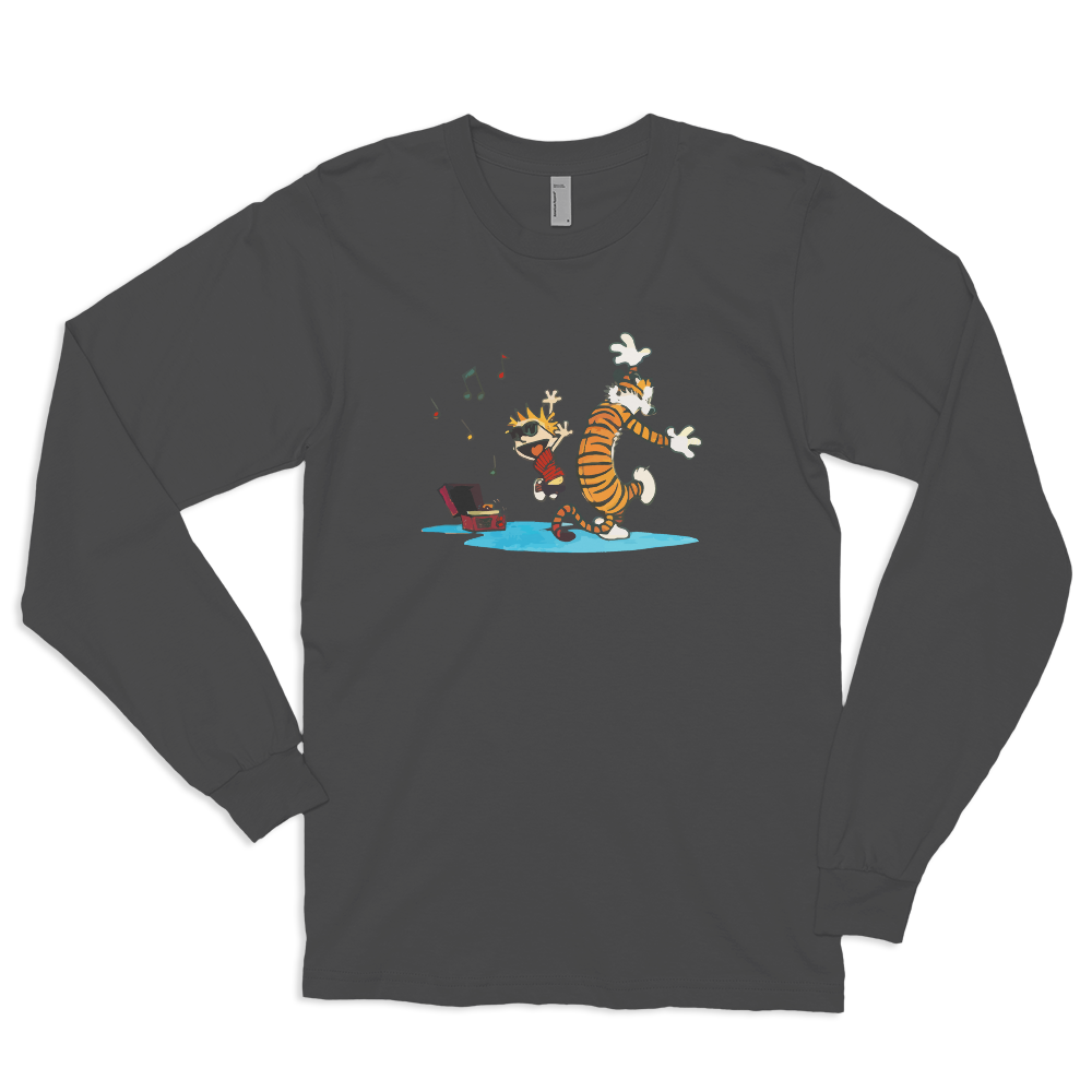 Calvin and Hobbes Dancing with Record Player Long Sleeve Shirt-5