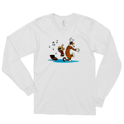 Calvin and Hobbes Dancing with Record Player Long Sleeve Shirt-0