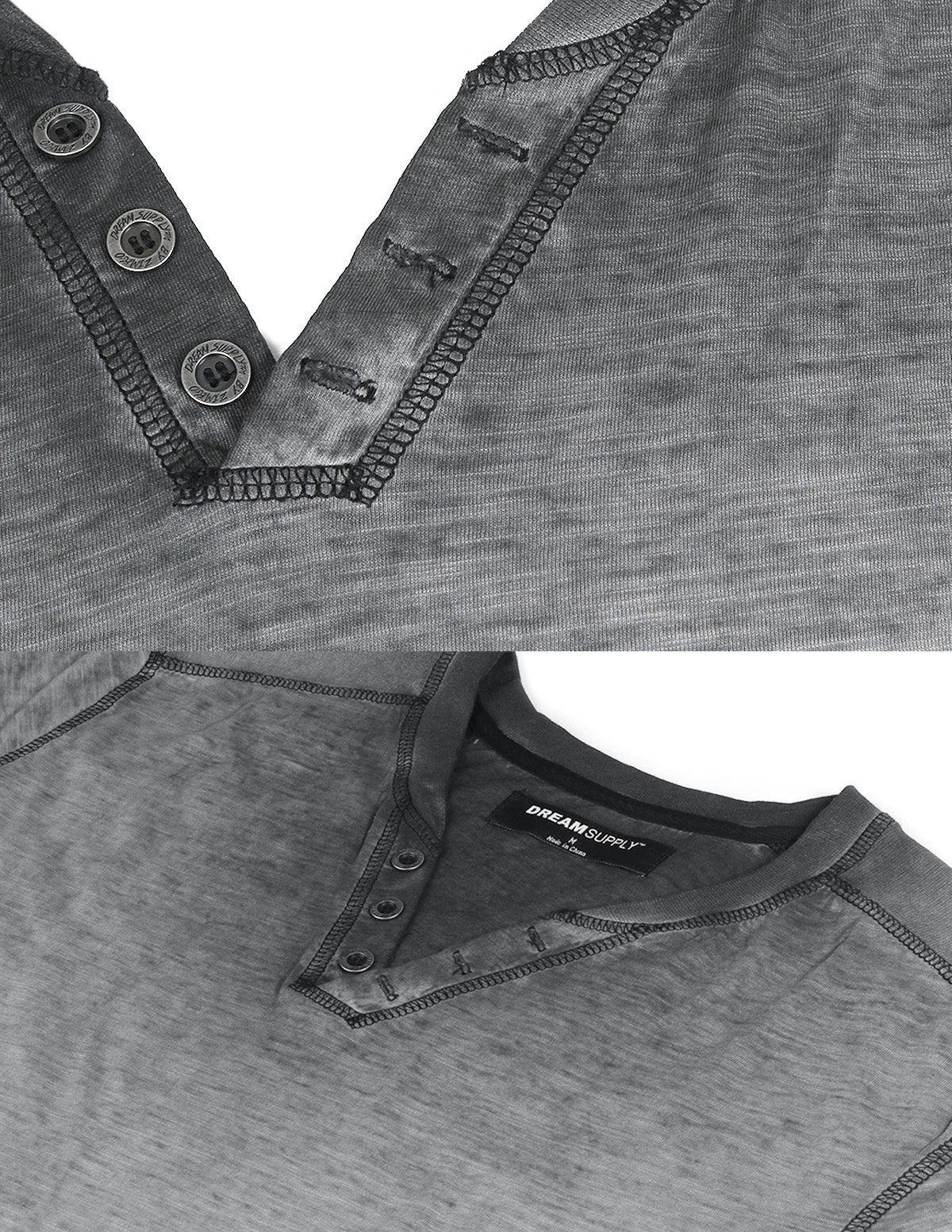 ZIMEGO Mens Long Sleeve V-Neck Henley Oil Wash Contrast Seam Vintage Shirt - Charcoal-5