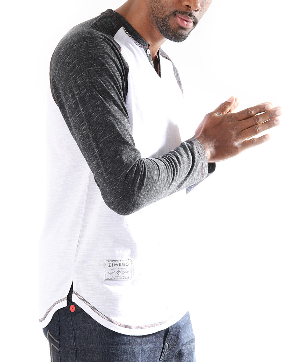 ZIMEGO Long Sleeve Contrast Raglan Henley V-Neck T-Shirts-0