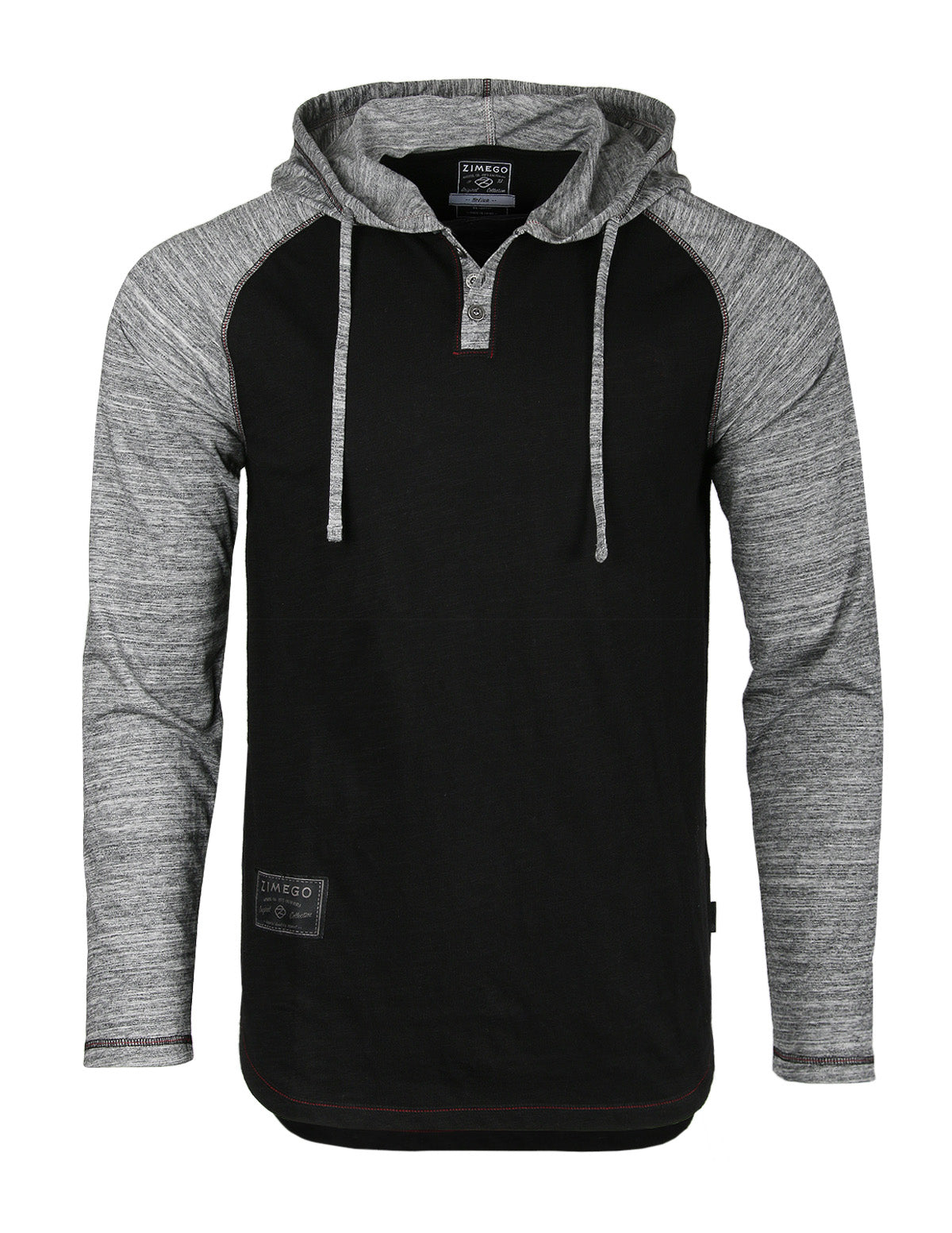 ZIMEGO Long Sleeve Raglan Henley Round Bottom Hood T-Shirts - BLACK / BLACK-5