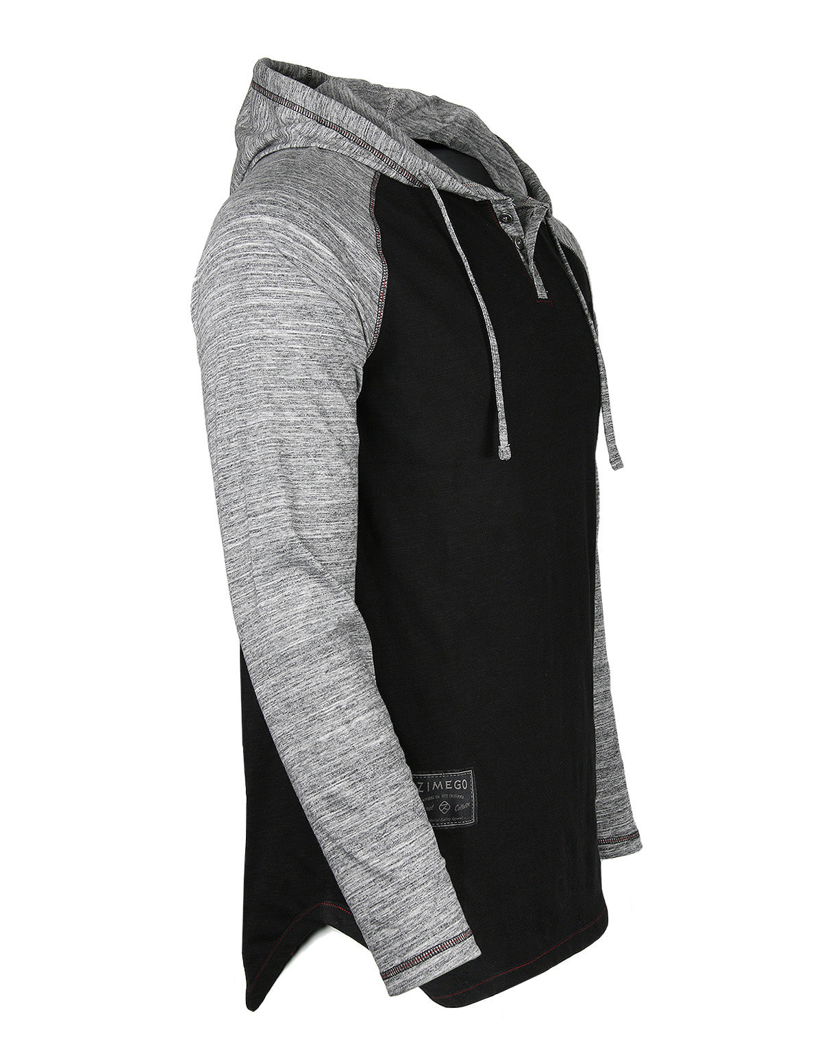 ZIMEGO Long Sleeve Raglan Henley Round Bottom Hood T-Shirts - BLACK / BLACK-6