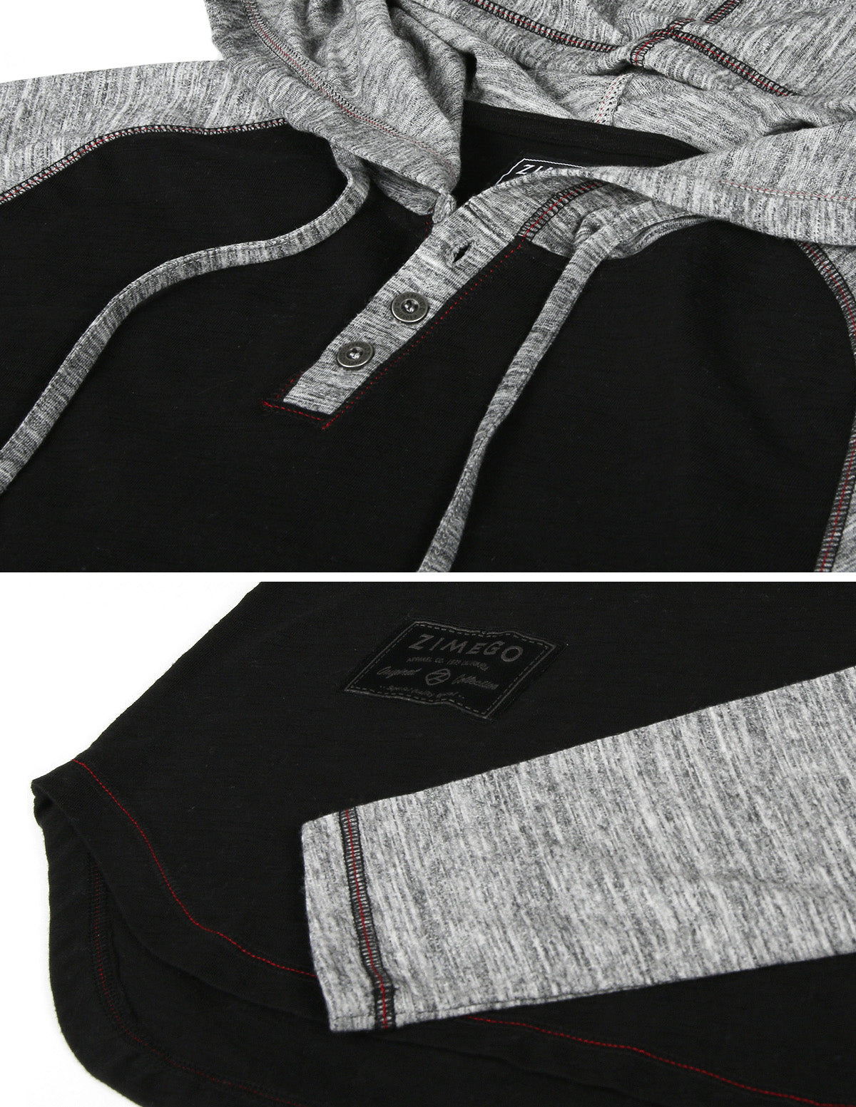 ZIMEGO Long Sleeve Raglan Henley Round Bottom Hood T-Shirts - BLACK / BLACK-7