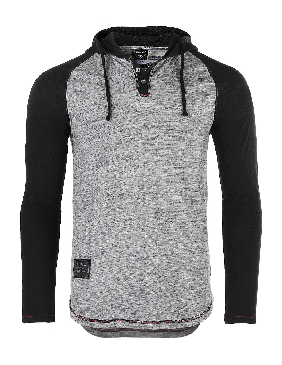 ZIMEGO Long Sleeve Raglan Henley Round Bottom Hood T-Shirts - BLACK / BLACK-10