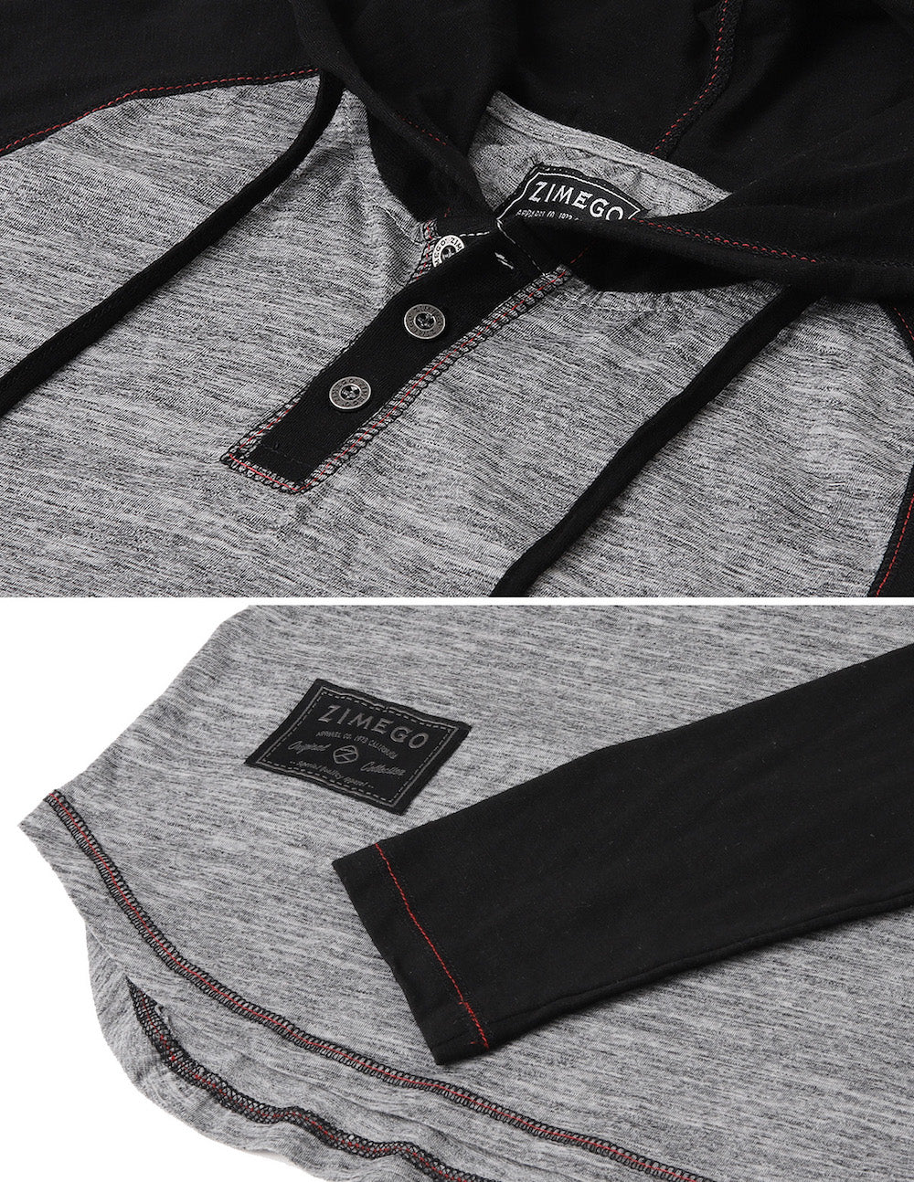 ZIMEGO Long Sleeve Raglan Henley Round Bottom Hood T-Shirts - BLACK / BLACK-13