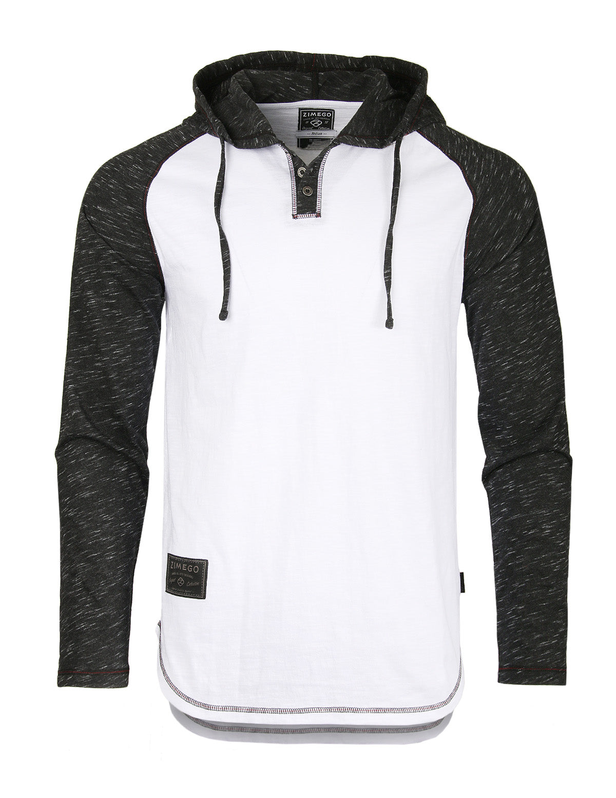 ZIMEGO Long Sleeve Raglan Henley Round Bottom Hood T-Shirts - WHITE/BLK-1