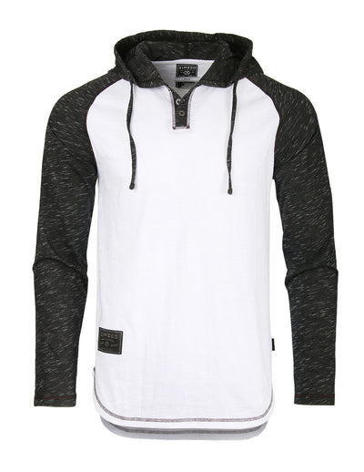 ZIMEGO Long Sleeve Raglan Henley Round Bottom Hood T-Shirts - WHITE/BLK-1