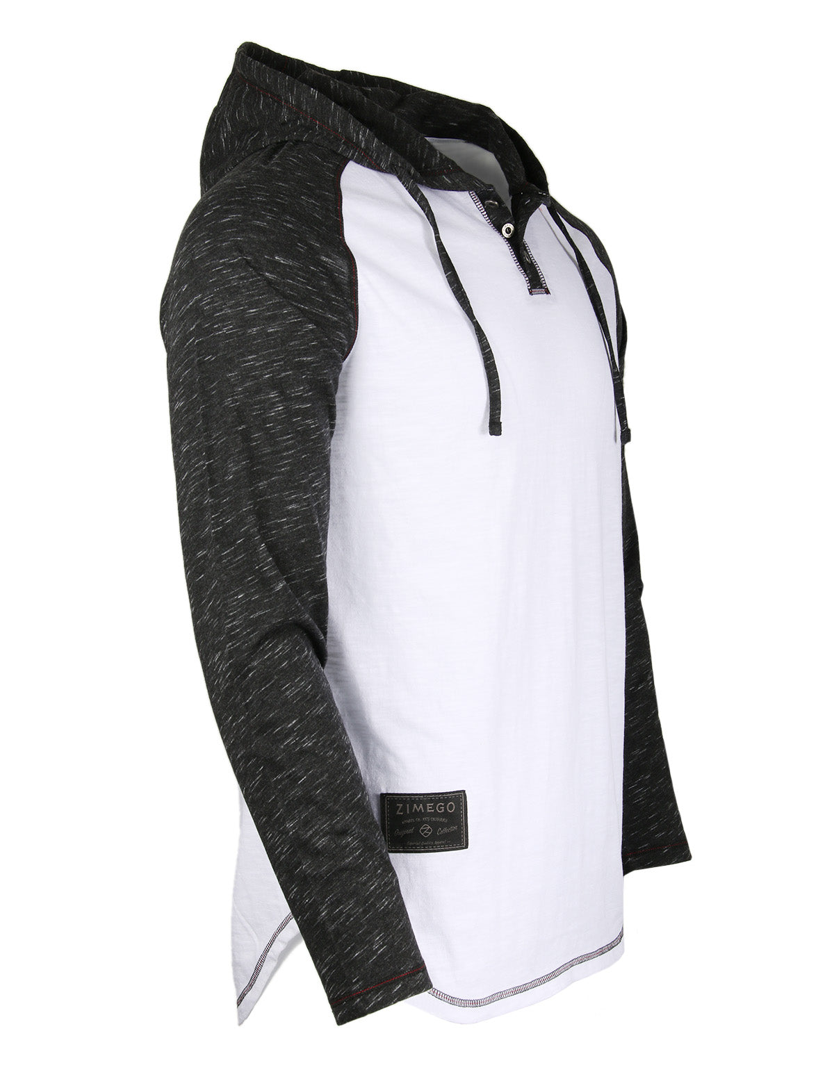 ZIMEGO Long Sleeve Raglan Henley Round Bottom Hood T-Shirts - WHITE/BLK-2