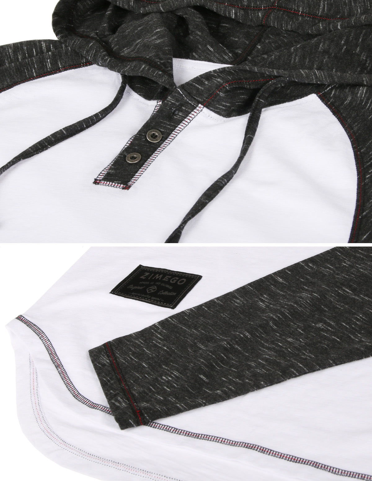 ZIMEGO Long Sleeve Raglan Henley Round Bottom Hood T-Shirts - WHITE/BLK-3