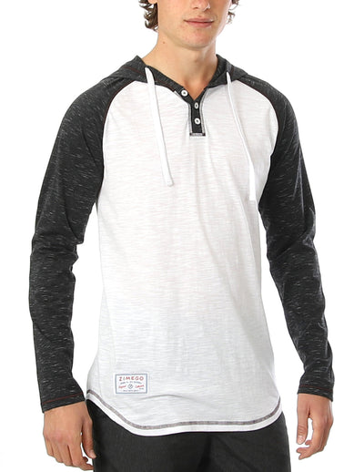 ZIMEGO Long Sleeve Raglan Henley Round Bottom Hood T-Shirts - WHITE/BLK-0