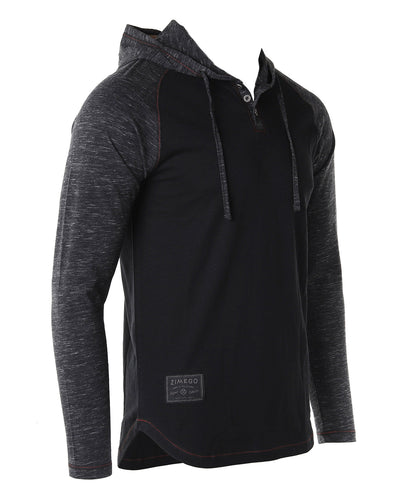 ZIMEGO Long Sleeve Raglan Henley Round Bottom Hood T-Shirts - BLACK / BLACK-1