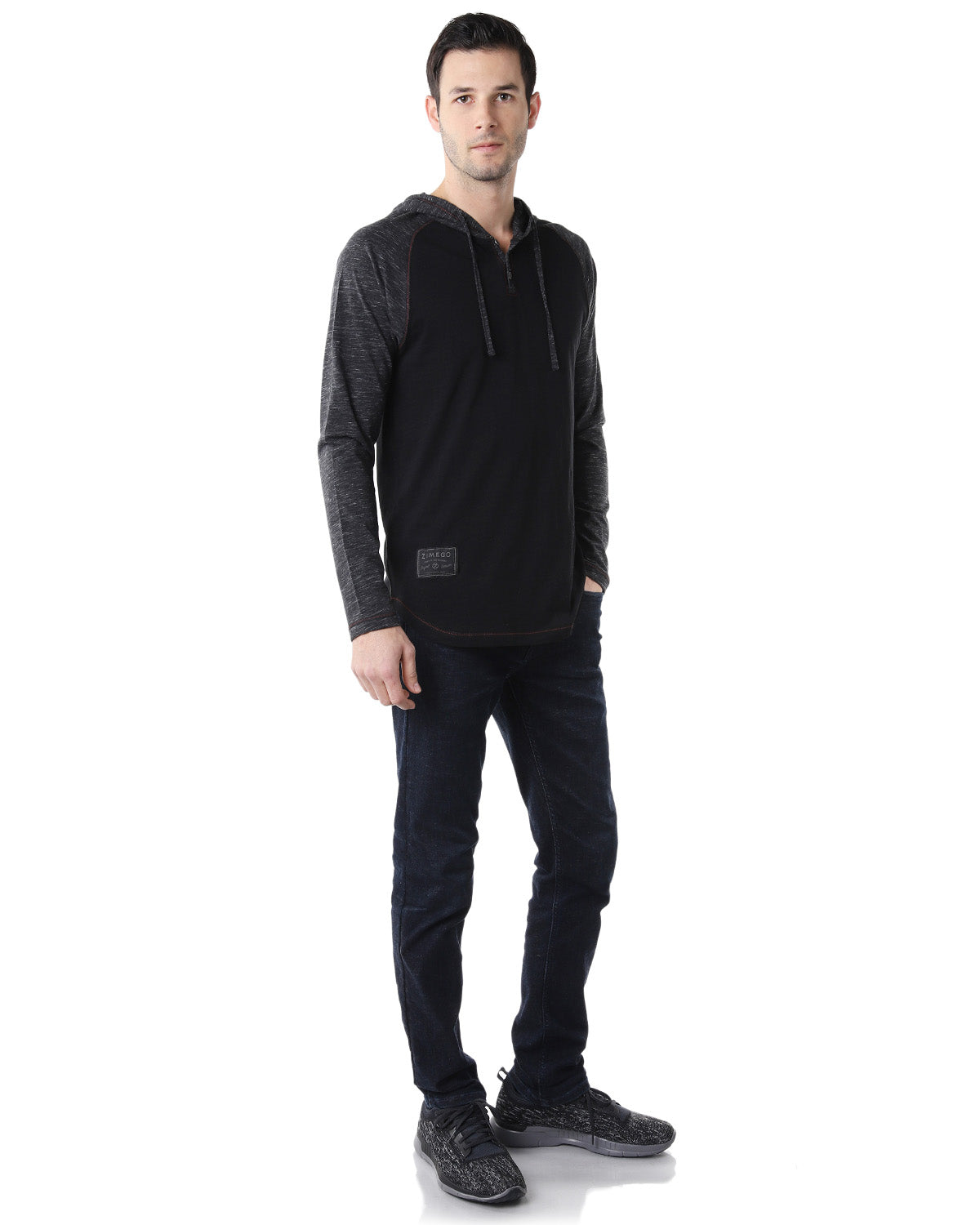 ZIMEGO Long Sleeve Raglan Henley Round Bottom Hood T-Shirts - BLACK / BLACK-3