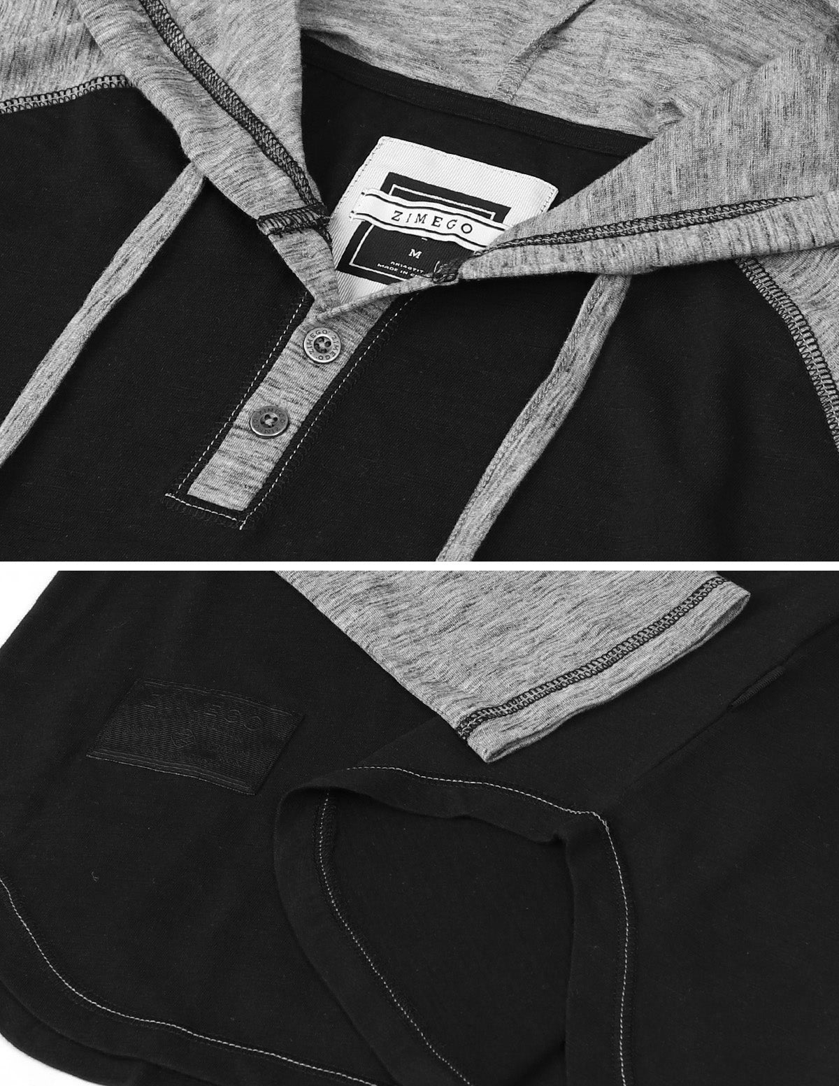 ZIMEGO Long Sleeve Raglan Henley Round Bottom Hood T-Shirts - WHITE/BLK-10