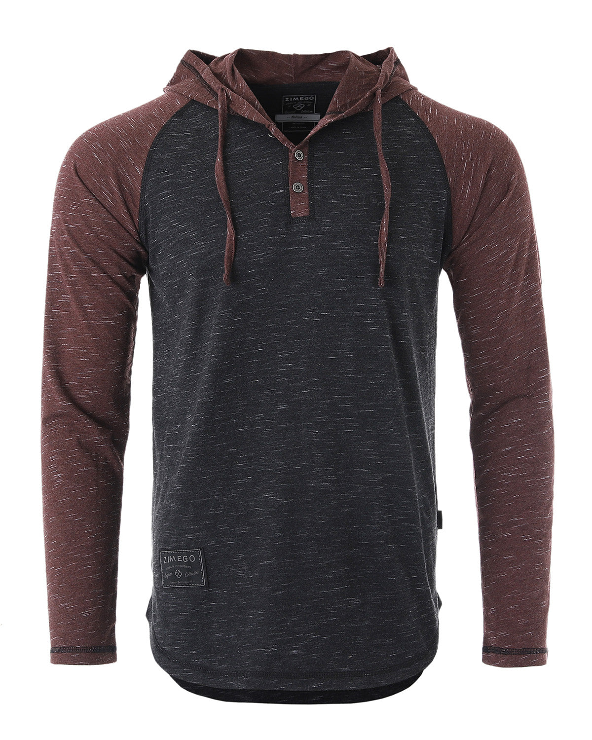 ZIMEGO Long Sleeve Raglan Henley Round Bottom Hood T-Shirts - BLACK / MAROON-0