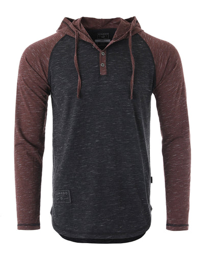 ZIMEGO Long Sleeve Raglan Henley Round Bottom Hood T-Shirts - BLACK / MAROON-0