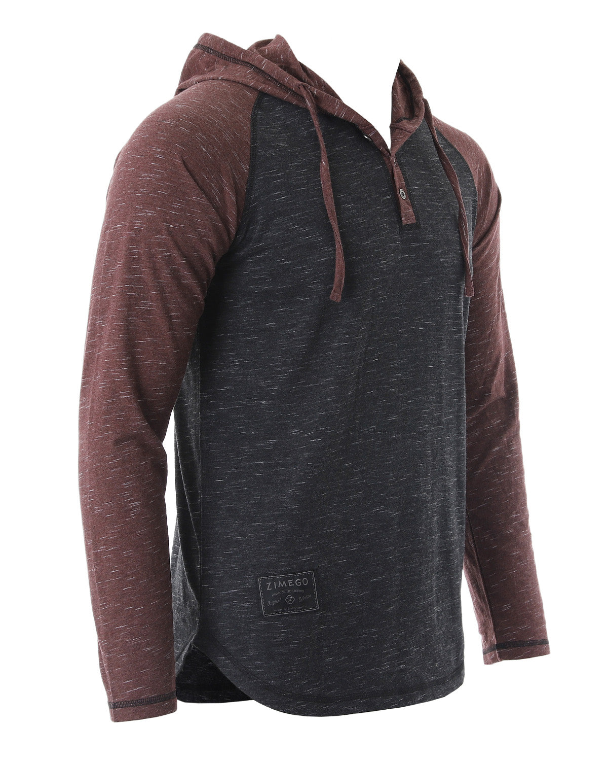 ZIMEGO Long Sleeve Raglan Henley Round Bottom Hood T-Shirts - BLACK / MAROON-1