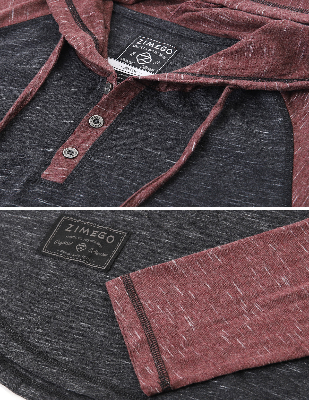 ZIMEGO Long Sleeve Raglan Henley Round Bottom Hood T-Shirts - BLACK / MAROON-3