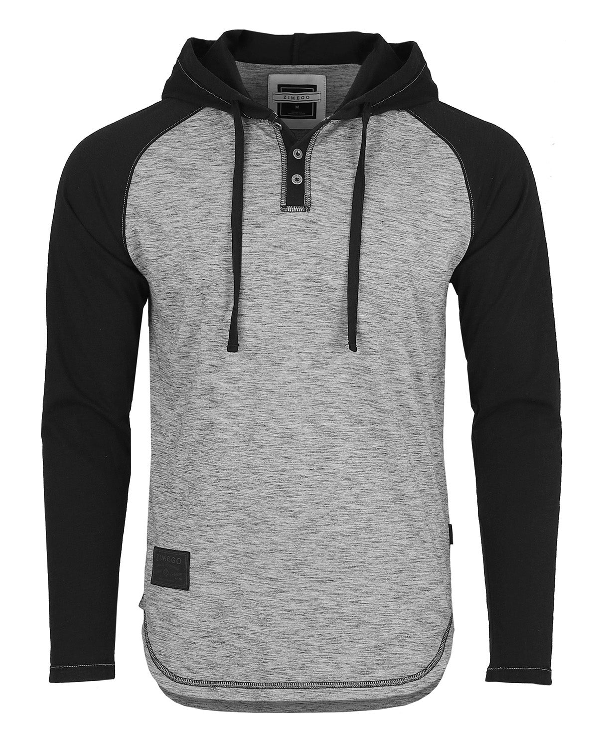 ZIMEGO Long Sleeve Raglan Henley Round Bottom Hood T-Shirts - WHITE/BLK-12