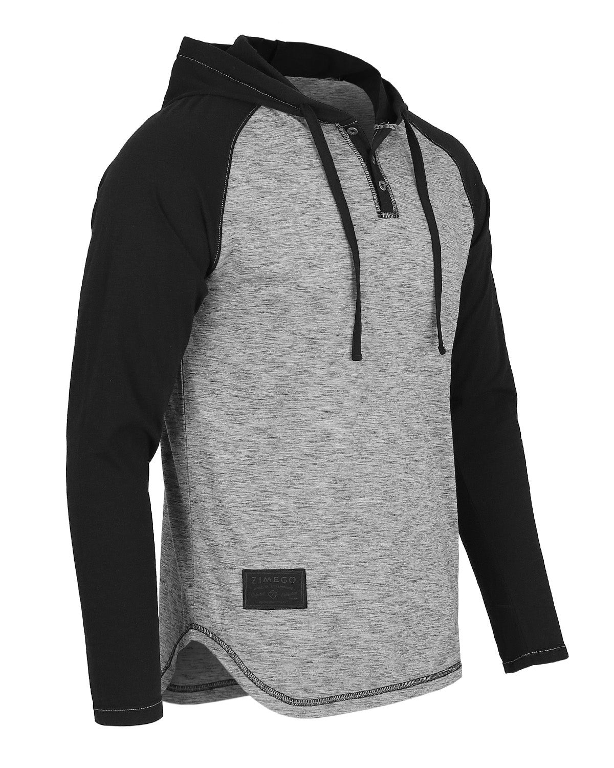 ZIMEGO Long Sleeve Raglan Henley Round Bottom Hood T-Shirts - WHITE/BLK-13