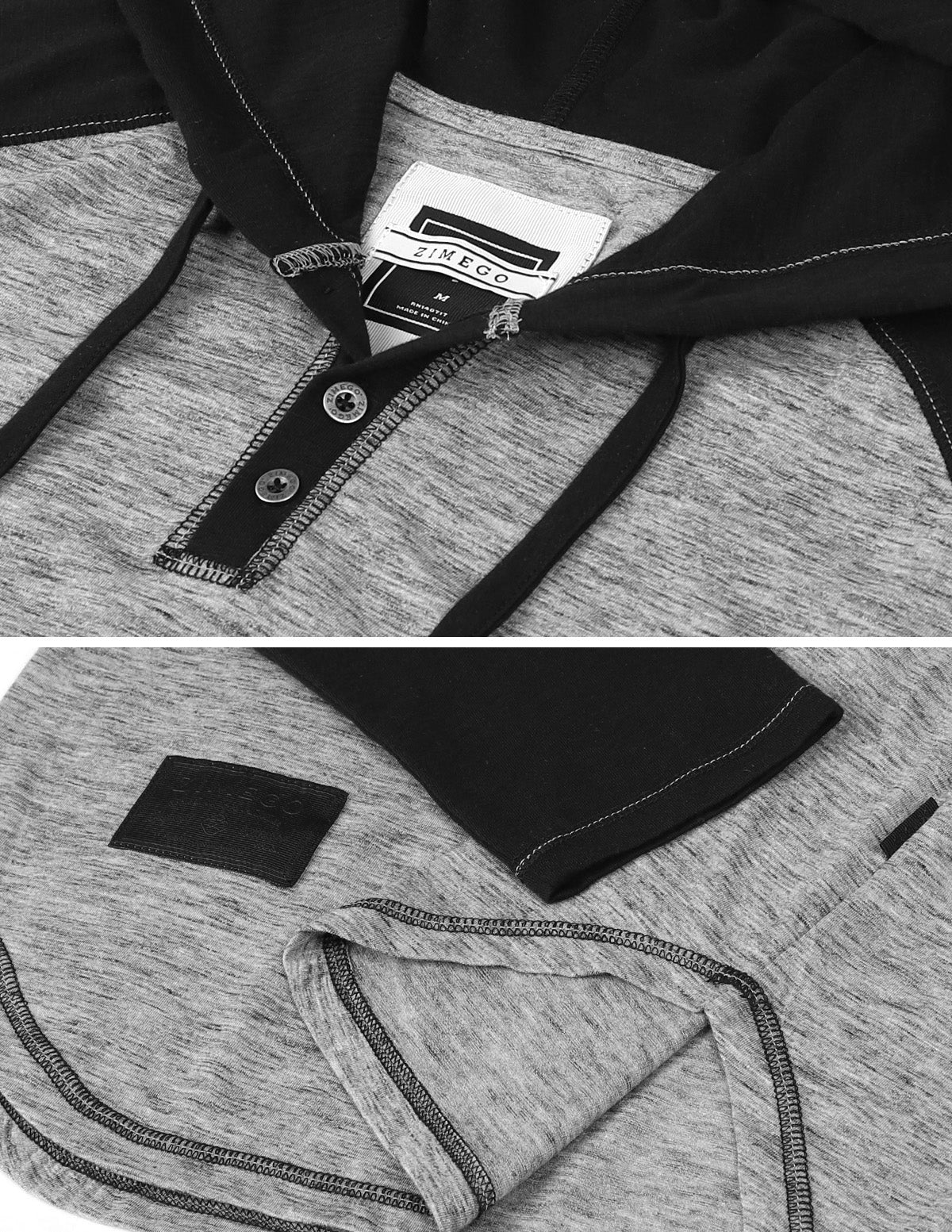 ZIMEGO Long Sleeve Raglan Henley Round Bottom Hood T-Shirts - WHITE/BLK-15