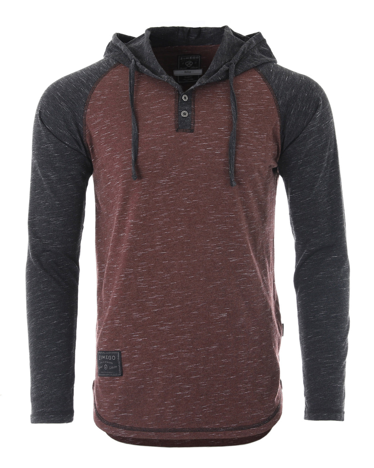 ZIMEGO Long Sleeve Raglan Henley Round Bottom Hood T-Shirts - BLACK / MAROON-4