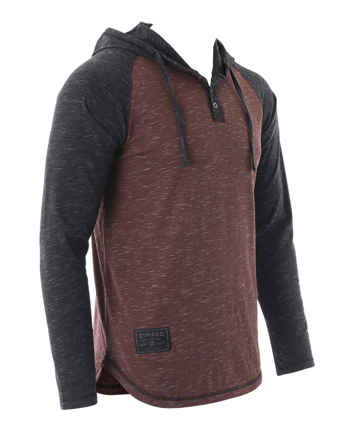 ZIMEGO Long Sleeve Raglan Henley Round Bottom Hood T-Shirts - BLACK / MAROON-5