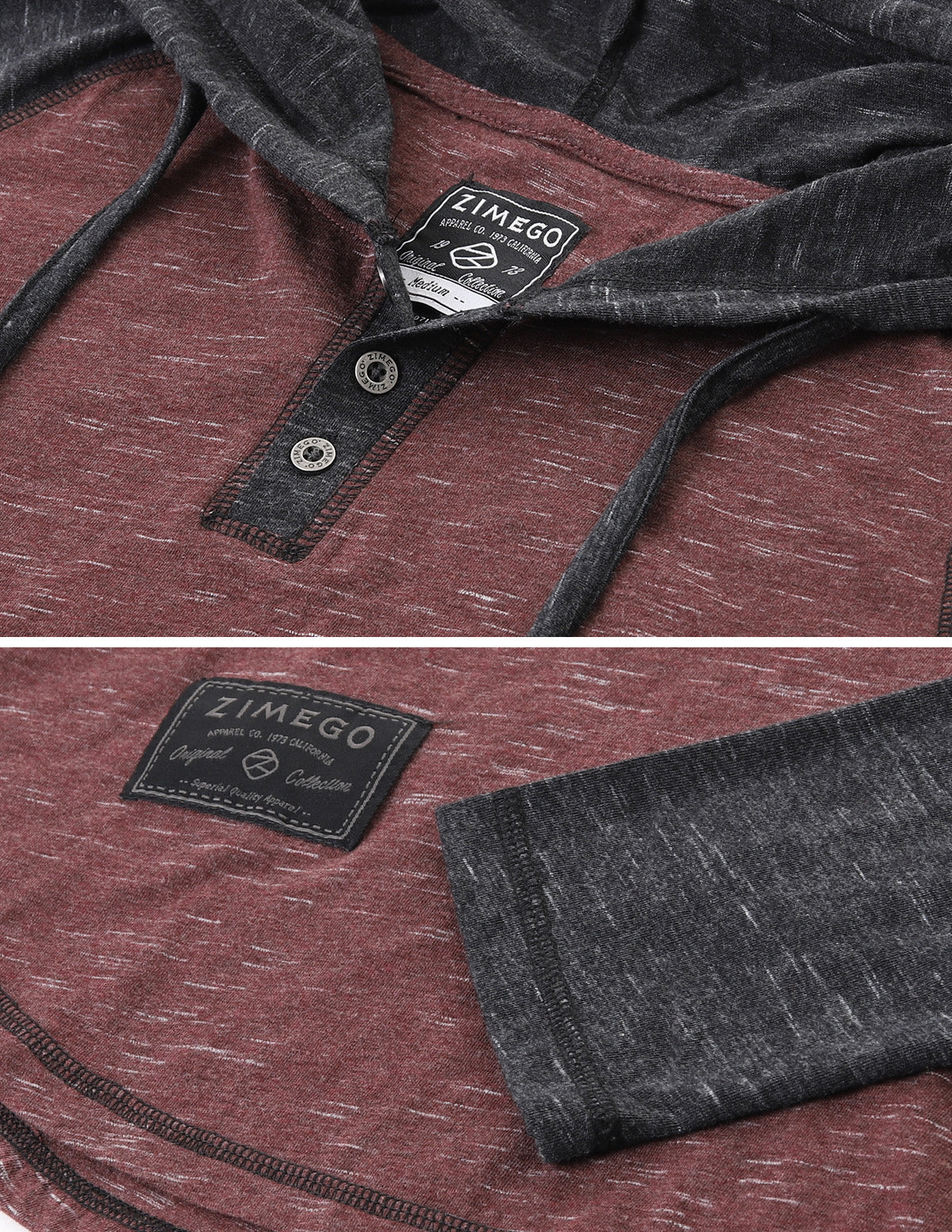 ZIMEGO Long Sleeve Raglan Henley Round Bottom Hood T-Shirts - BLACK / MAROON-7