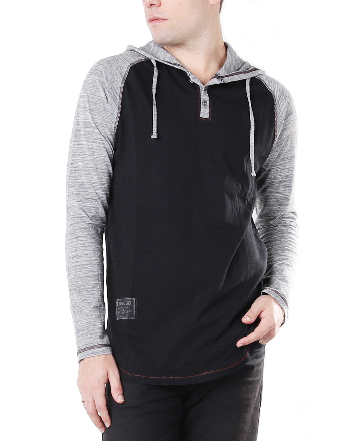 ZIMEGO Long Sleeve Raglan Henley Round Bottom Hood T-Shirts - BLACK / BLACK-4