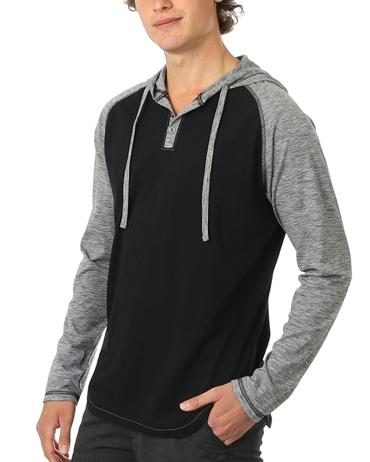 ZIMEGO Long Sleeve Raglan Henley Round Bottom Hood T-Shirts - WHITE/BLK-6