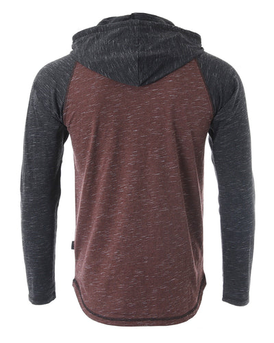 ZIMEGO Long Sleeve Raglan Henley Round Bottom Hood T-Shirts - MAROON / BLACK-1