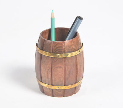 Hand Carved Rosewood Barrel-Shaped Pen Stand-0