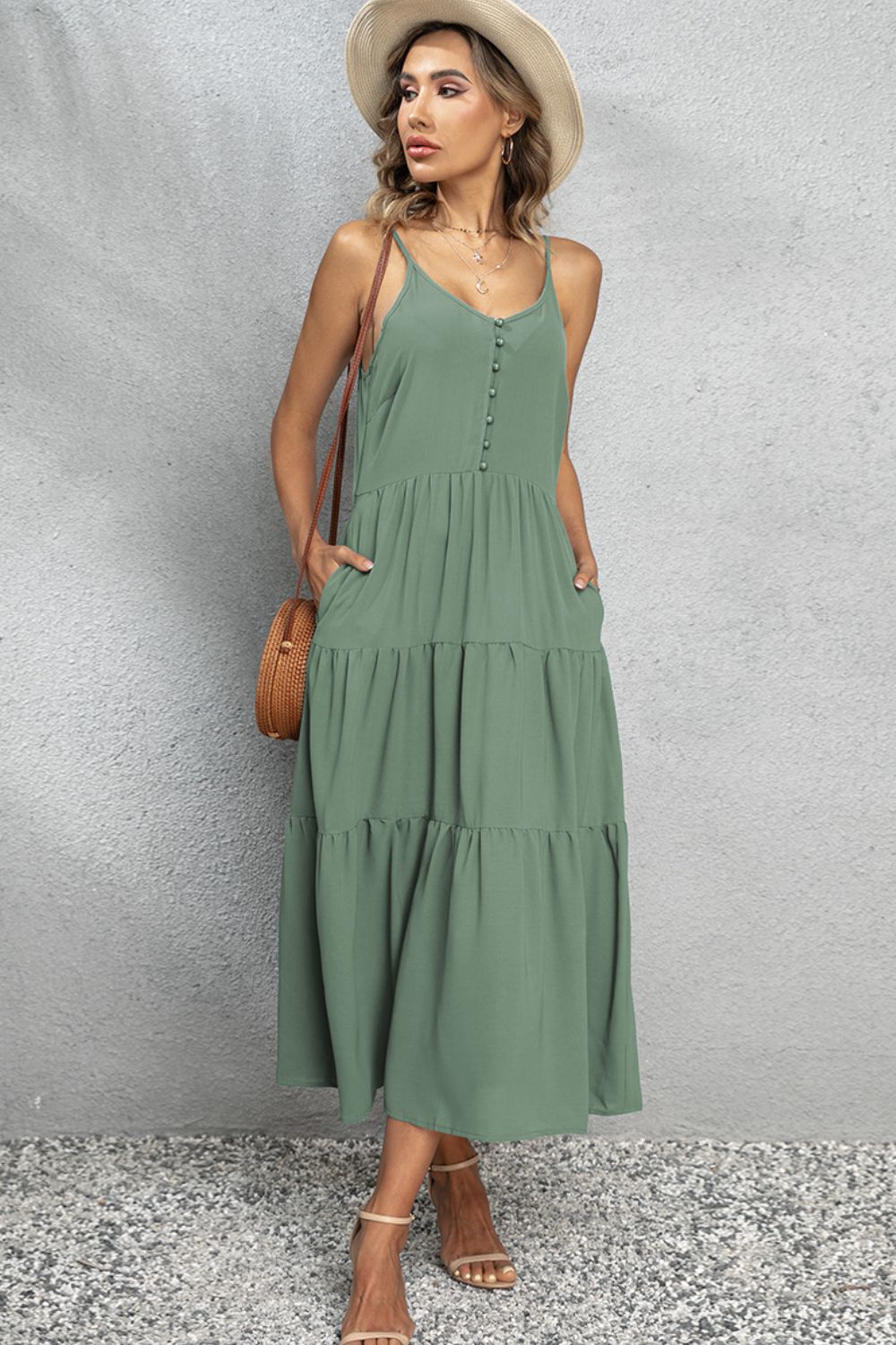 V-Neck Sleeveless Spaghetti Straps Midi Dress