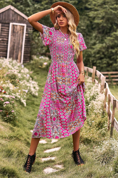 Printed Tie Back Flutter Sleeve Dress