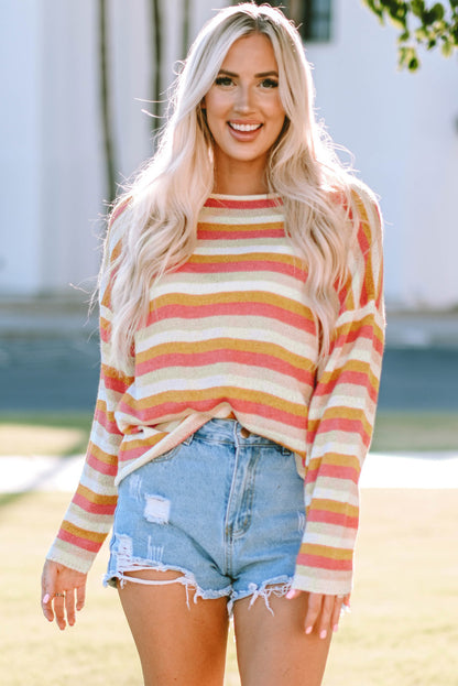 Striped Round Neck Dropped Shoulder Pullover Sweater