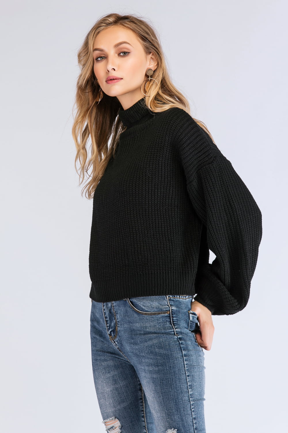 Turtleneck Rib-Knit Dropped Shoulder Sweater