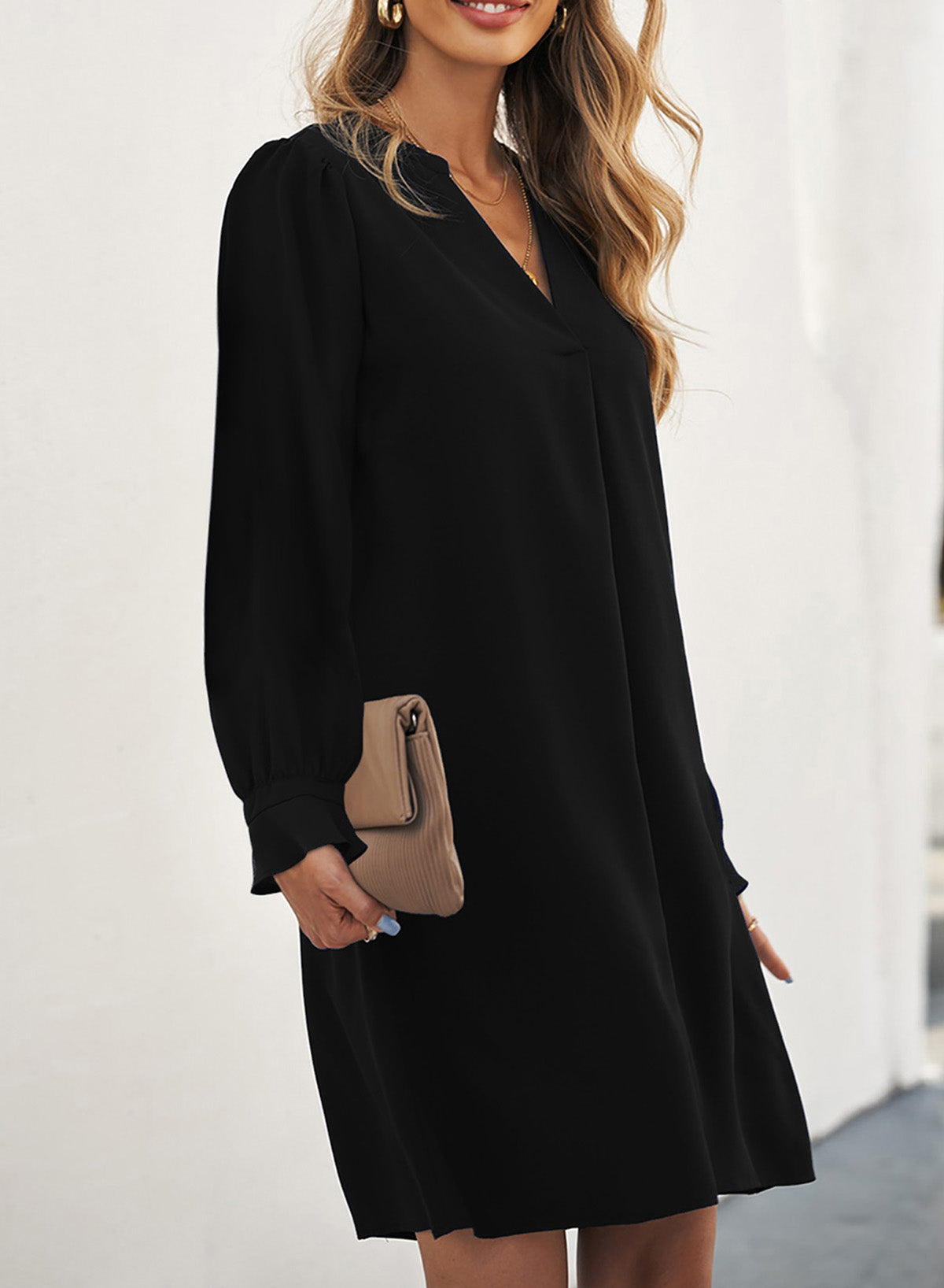 Long Puff Sleeve Notched Neck Dress