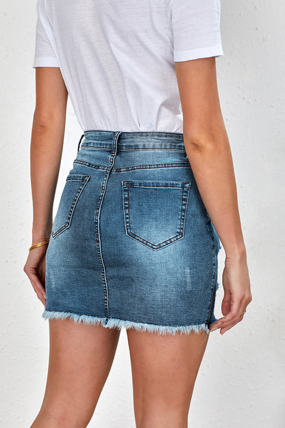 Distressed Raw Hem Denim Mini Skirt