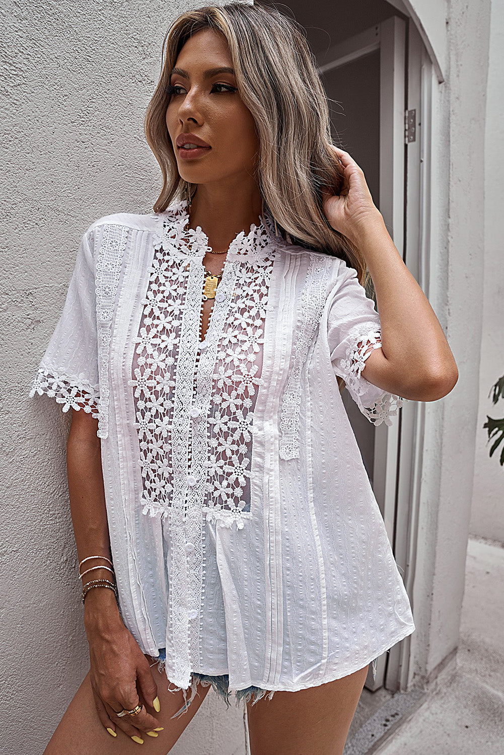 Buttoned Spliced Lace Blouse