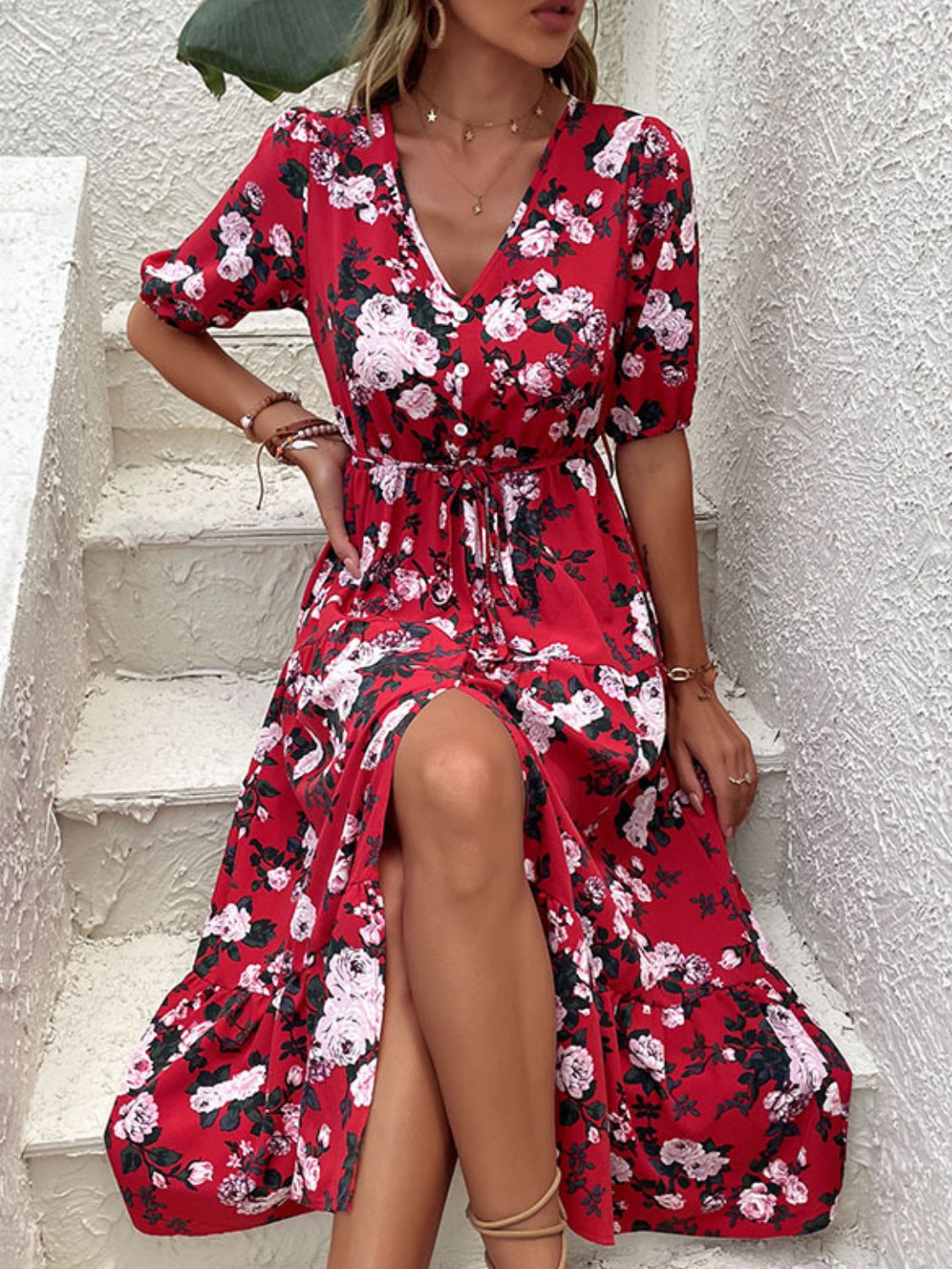 Floral Split Tie-Waist Dress