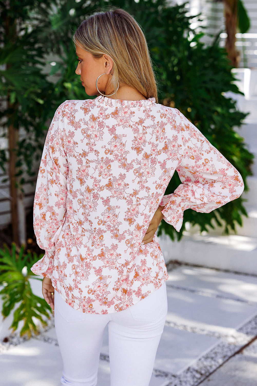 Floral Frill Trim Tie Neck Flounce Sleeve Blouse