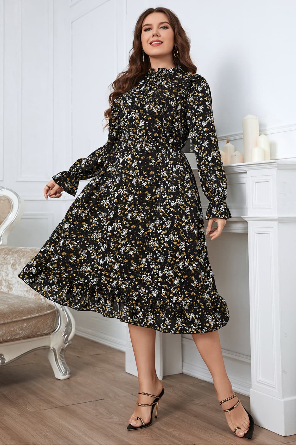 Plus Size Floral Flounce Sleeve Midi Dress