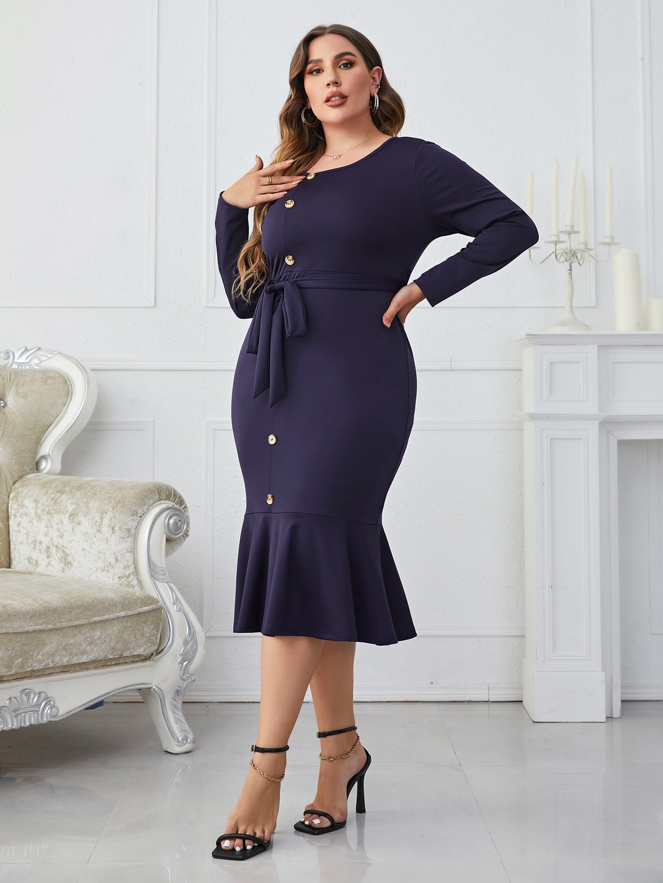 Plus Size Buttoned Round Neck Tie Belt Midi Dress