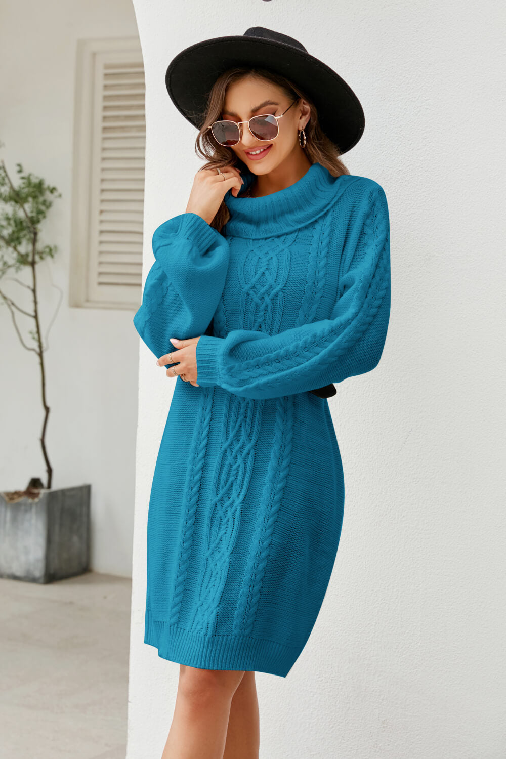 Mixed Knit Turtleneck Lantern Sleeve Sweater Dress