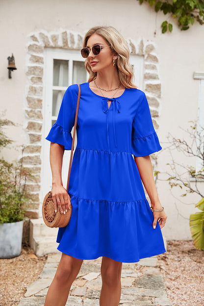 Ruffle Trim Tie Neck Flounce Sleeve Tiered Dress