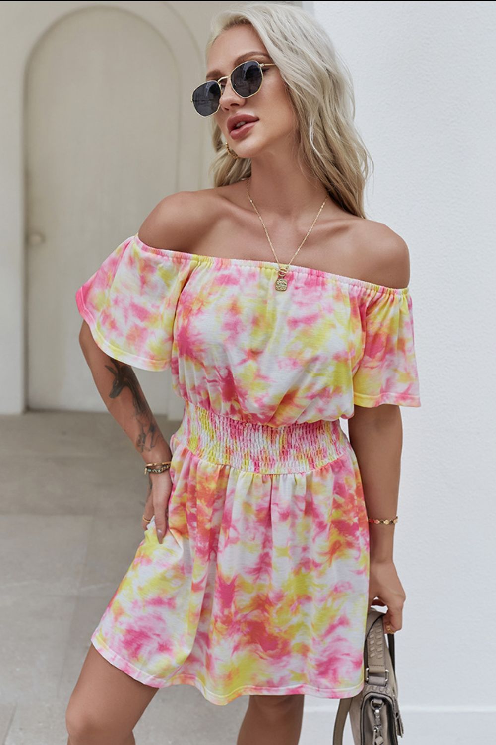 Off-Shoulder Short Flutter Sleeve Mini Dress