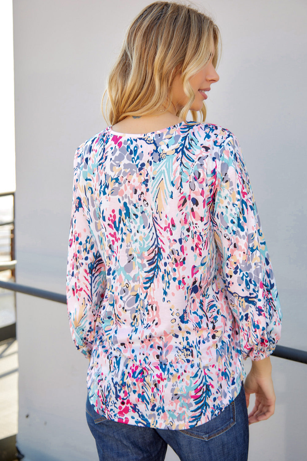 Printed Round Neck Balloon Sleeve Blouse