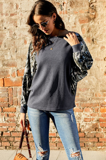 Camouflage Boat Neck Raglan Sleeve Top