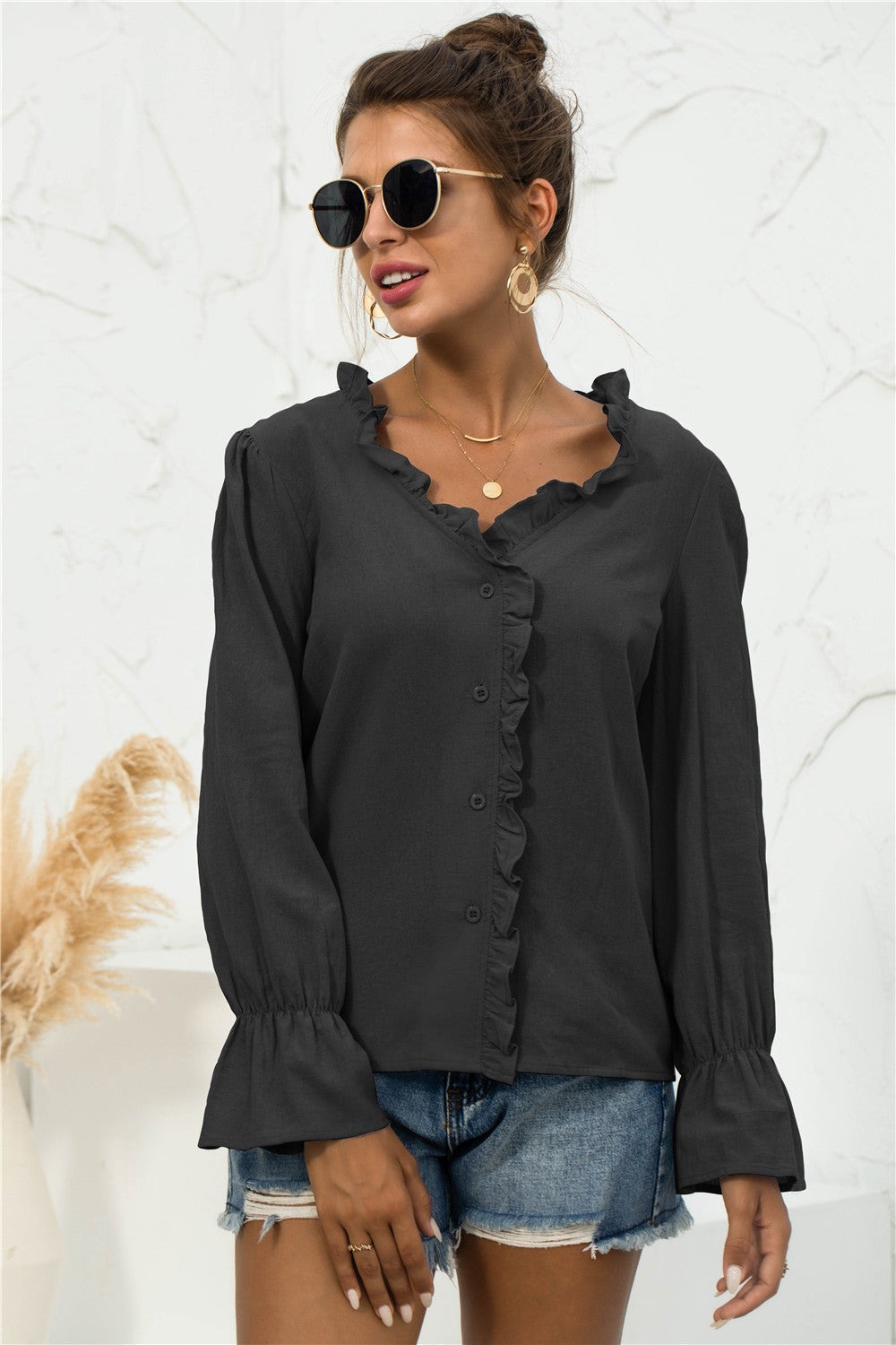 Frill Trim V-Neck Flounce Sleeve Shirt