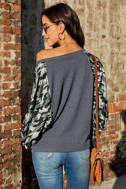 Camouflage Boat Neck Raglan Sleeve Top