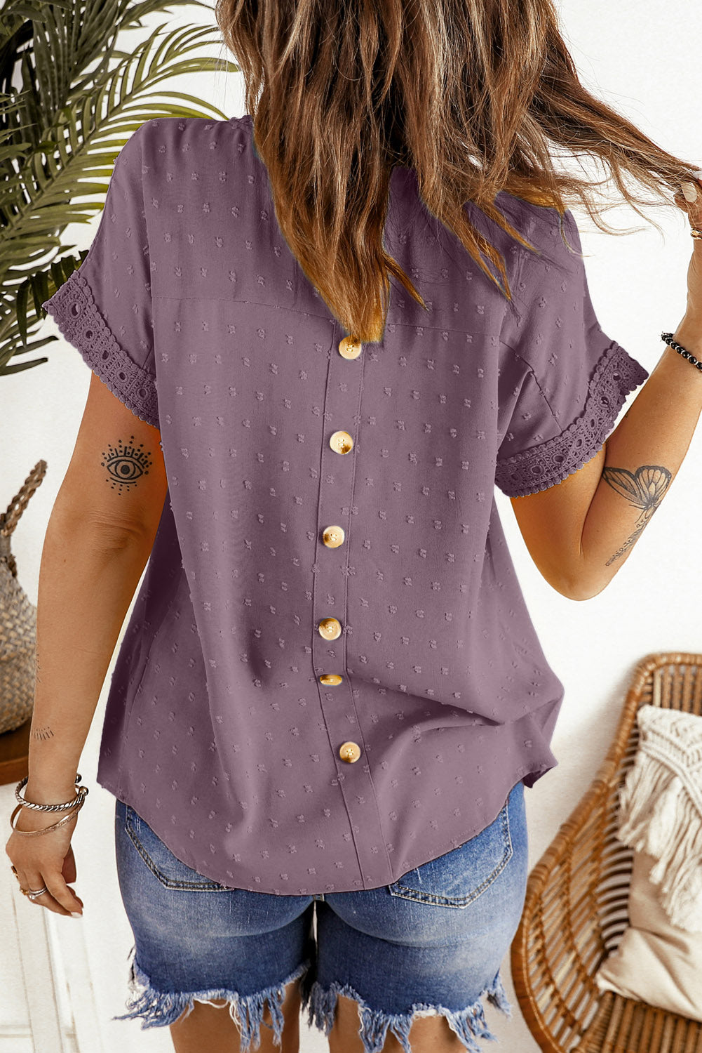 Swiss Dot Decorative Button Short Sleeve Blouse